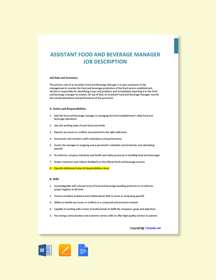 Free Assistant Food And Beverage Manager Job Description Template 