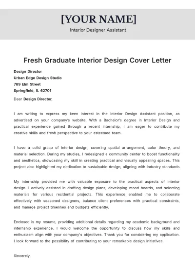 Free Fresh Graduate Interior Design Cover Letter to Edit Online