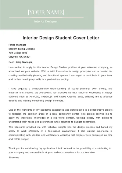 Free Interior Design Student Cover Letter to Edit Online