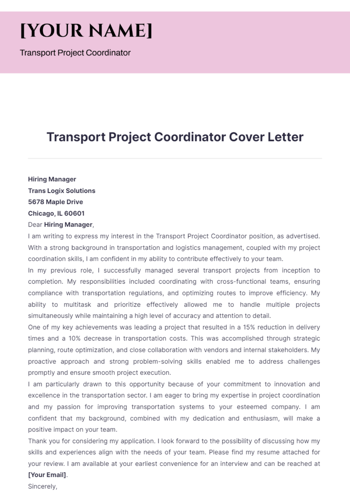 Transport Project Coordinator Cover Letter - Edit Online & Download