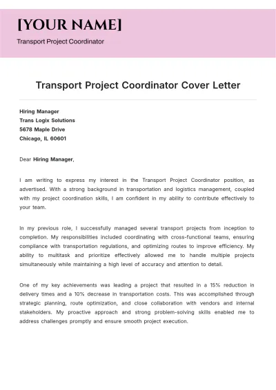 Free Transport Project Coordinator Cover Letter to Edit Online