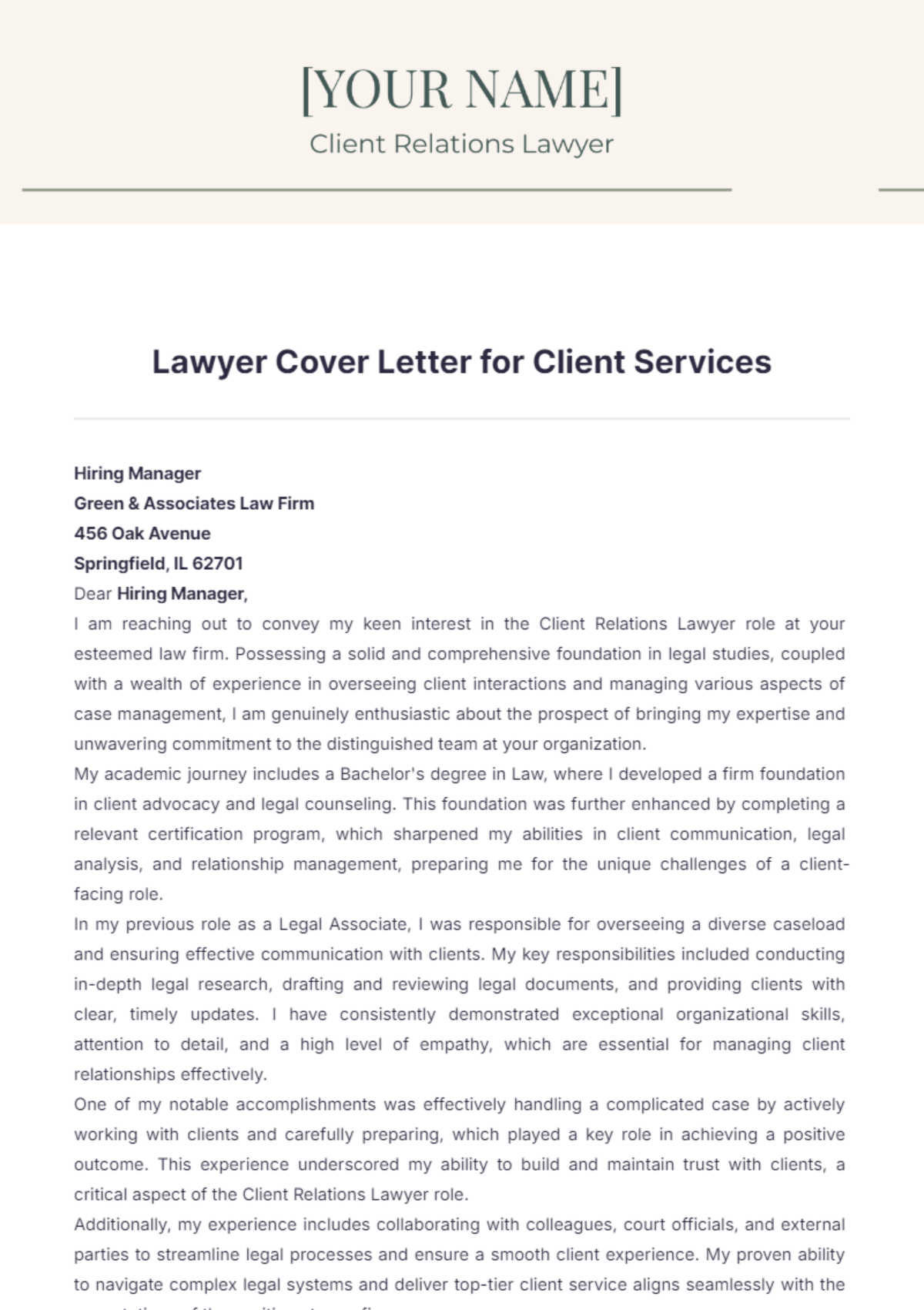 Lawyer Cover Letter for Client Services - Edit Online & Download