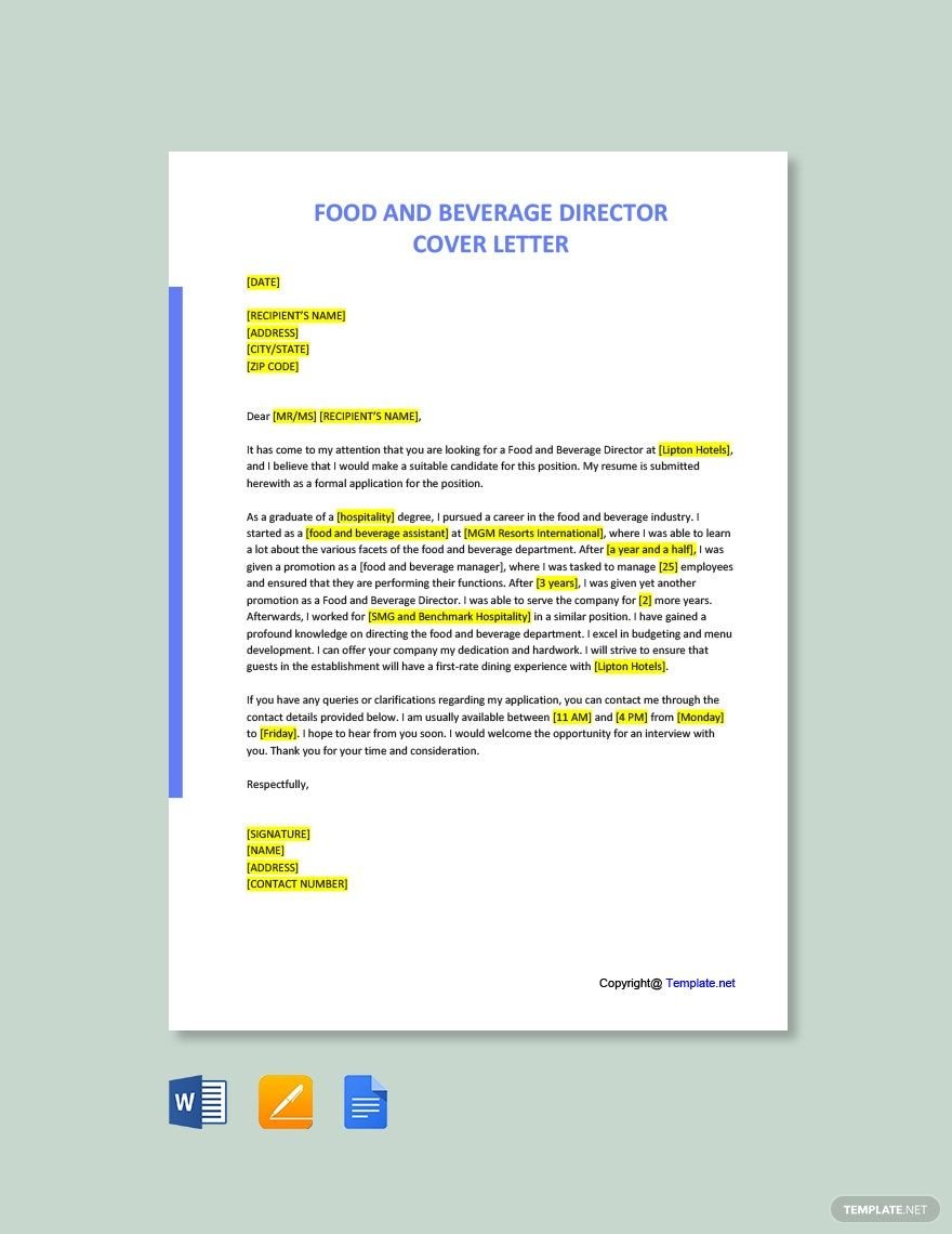 Free Food & Beverage Director Cover Letter