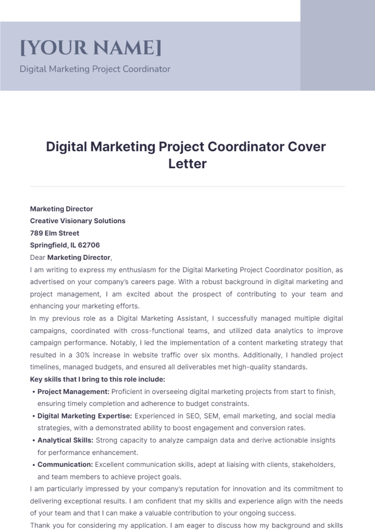 Digital Marketing Project Coordinator Cover Letter - Edit Online & Download