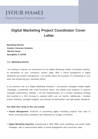 Free Digital Marketing Project Coordinator Cover Letter to Edit Online