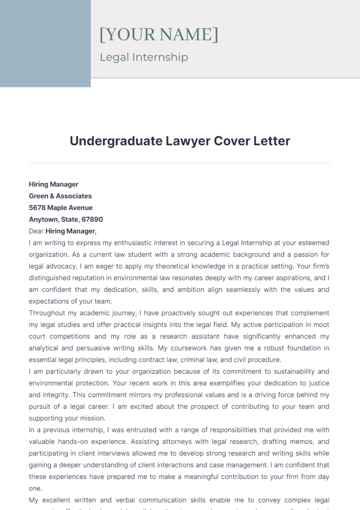 Undergraduate Lawyer Cover Letter - Edit Online & Download