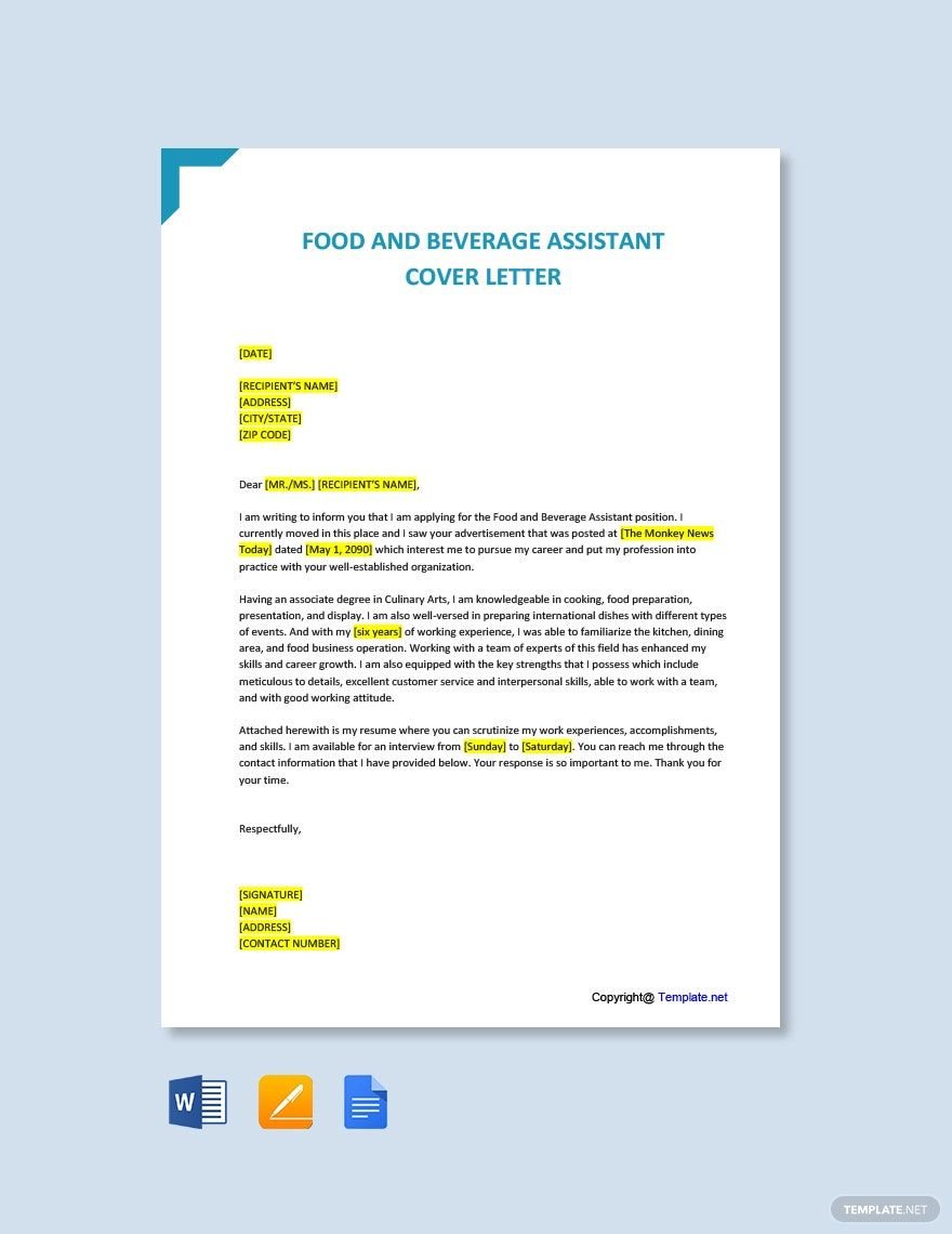 Food And Beverage Assistant Cover Letter
