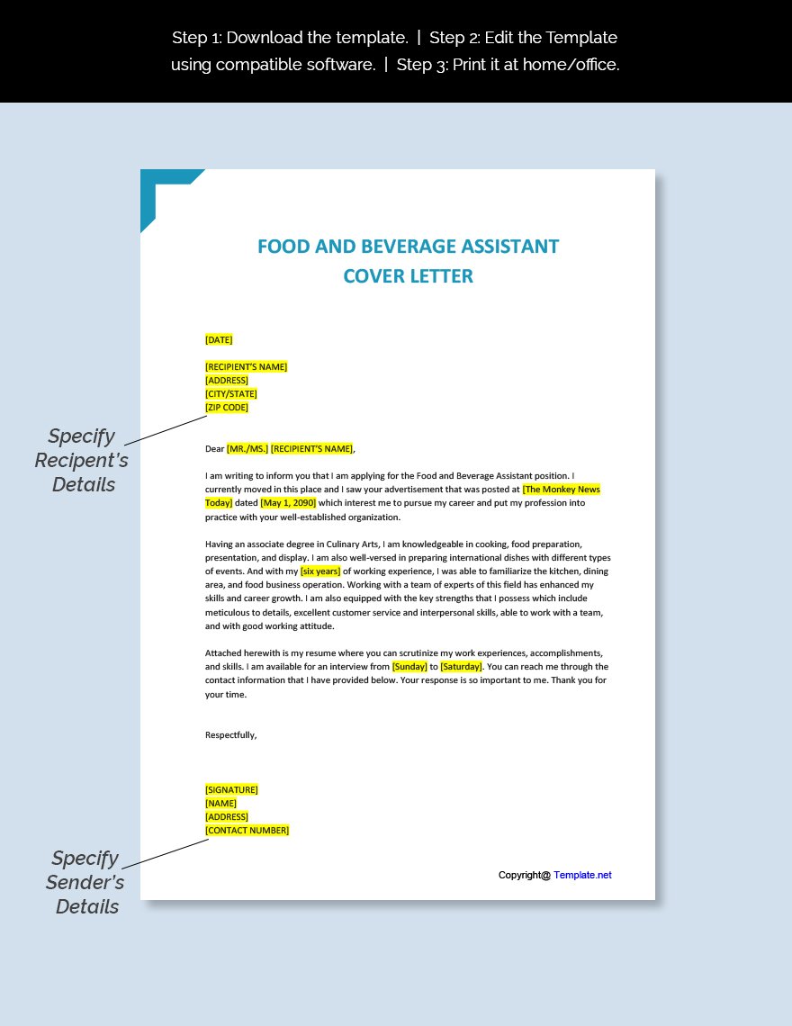 cover letter for assistant food and beverage
