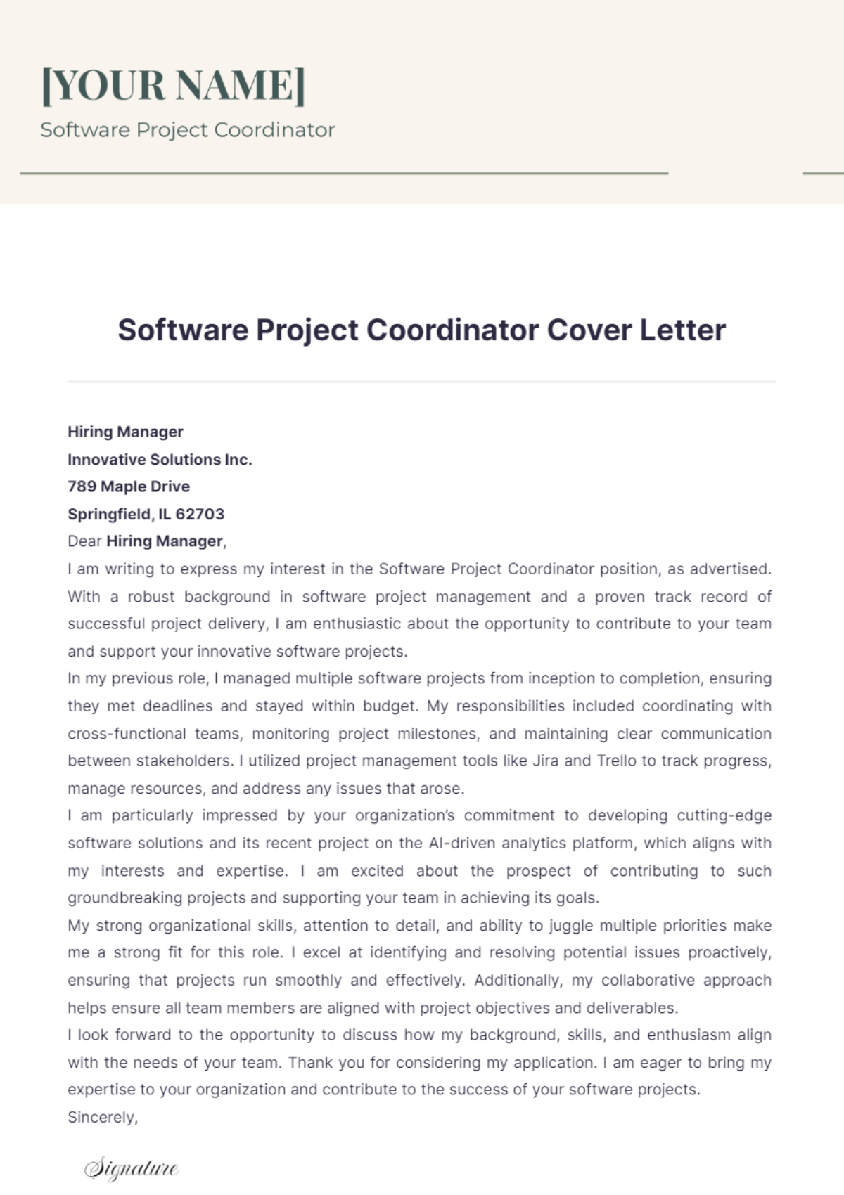 Software Project Coordinator Cover Letter - Edit Online & Download