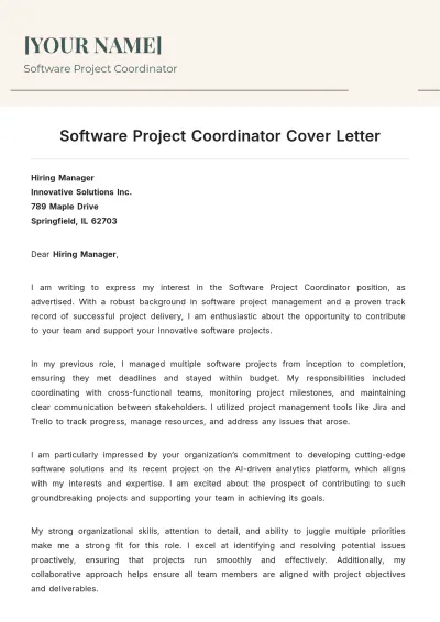 Free Software Project Coordinator Cover Letter to Edit Online