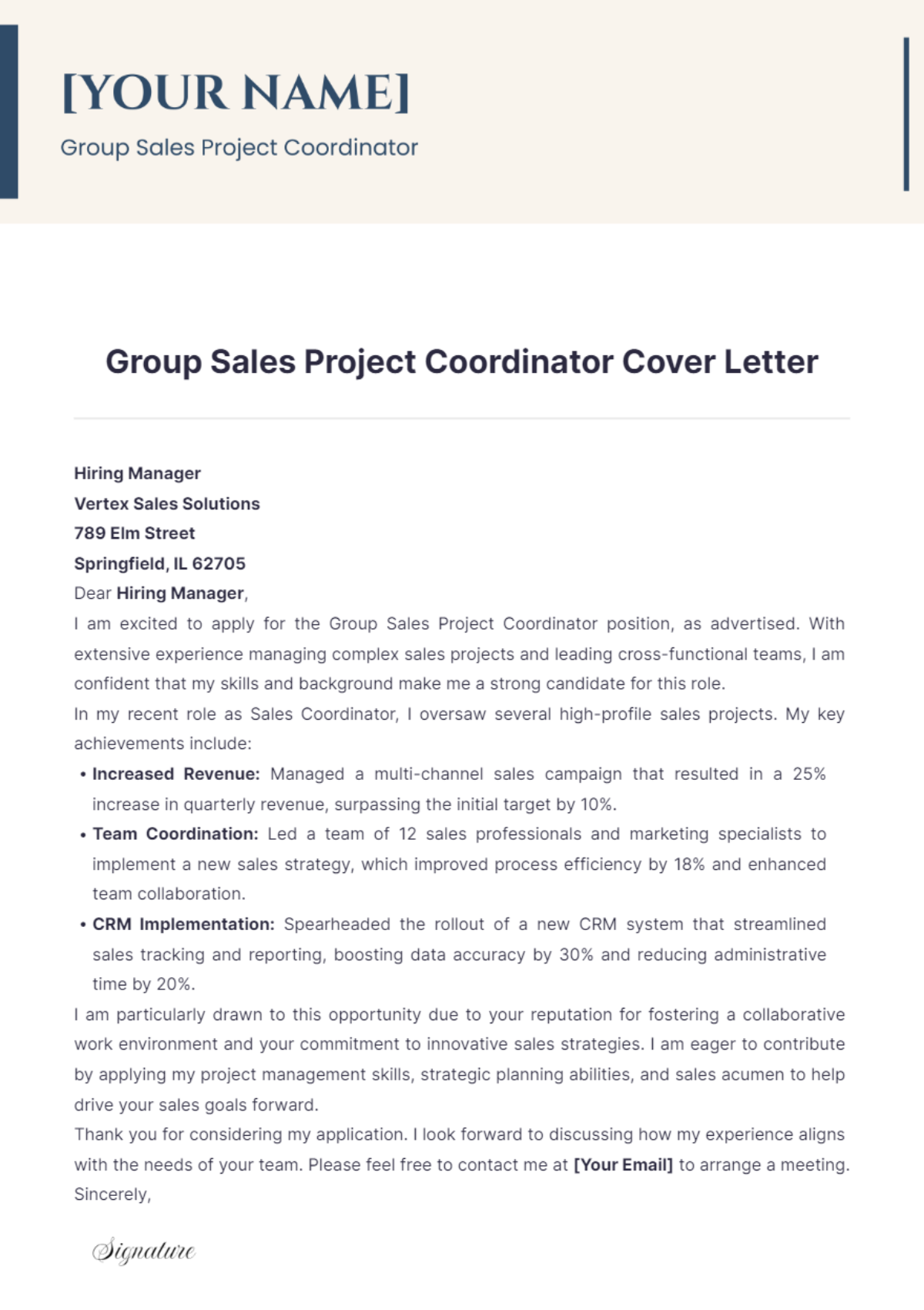 Group Sales Project Coordinator Cover Letter - Edit Online & Download