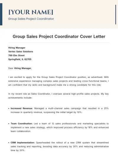 Free Group Sales Project Coordinator Cover Letter to Edit Online