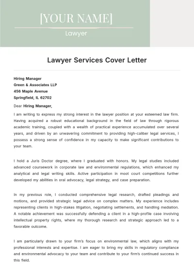 Free Lawyer Services Cover Letter to Edit Online
