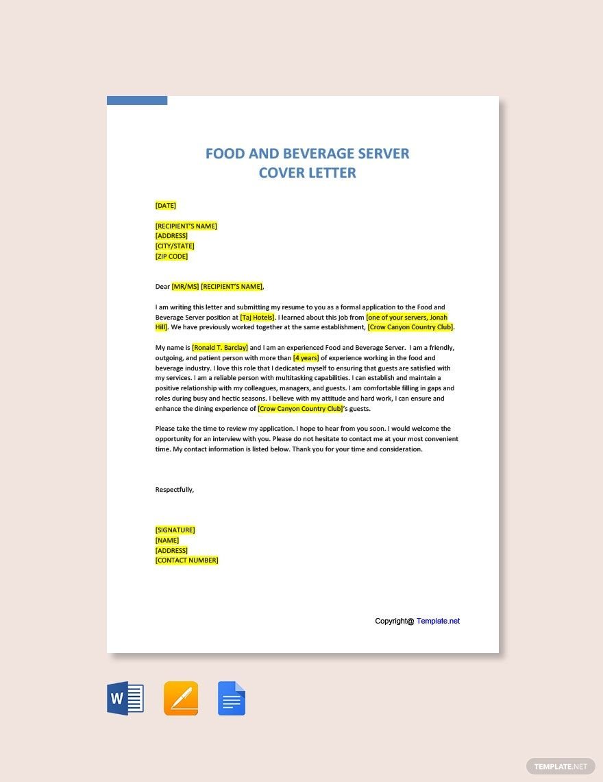 Free Food and Beverage Server Cover Letter