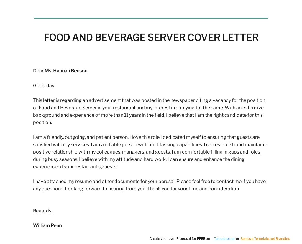 Free Food and Beverage Server Cover Letter Template.jpe