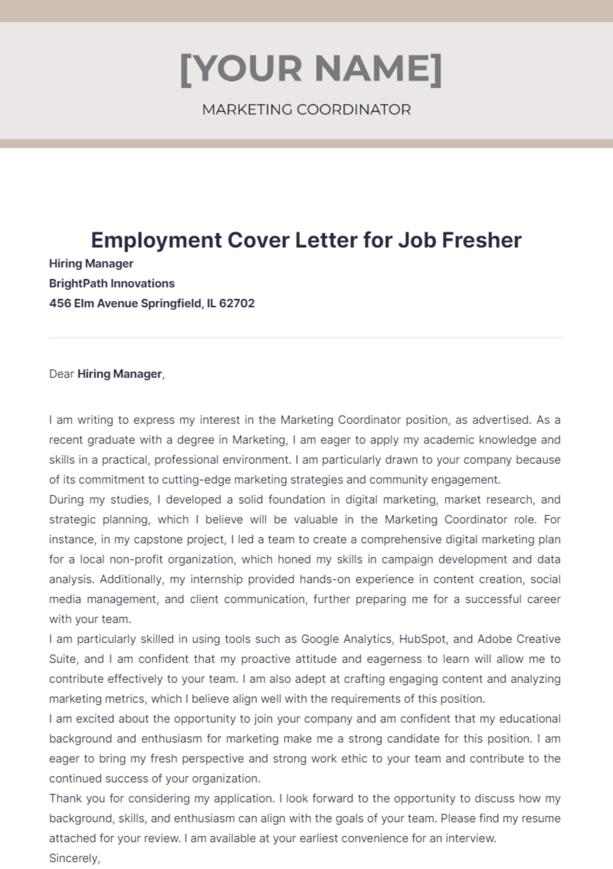 Employment Cover Letter for Job Fresher - Edit Online & Download