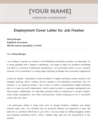 Free Employment Cover Letter for Job Fresher to Edit Online
