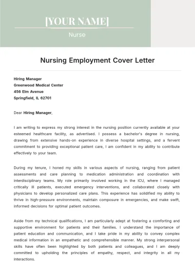 Free Nursing Employment Cover Letter to Edit Online