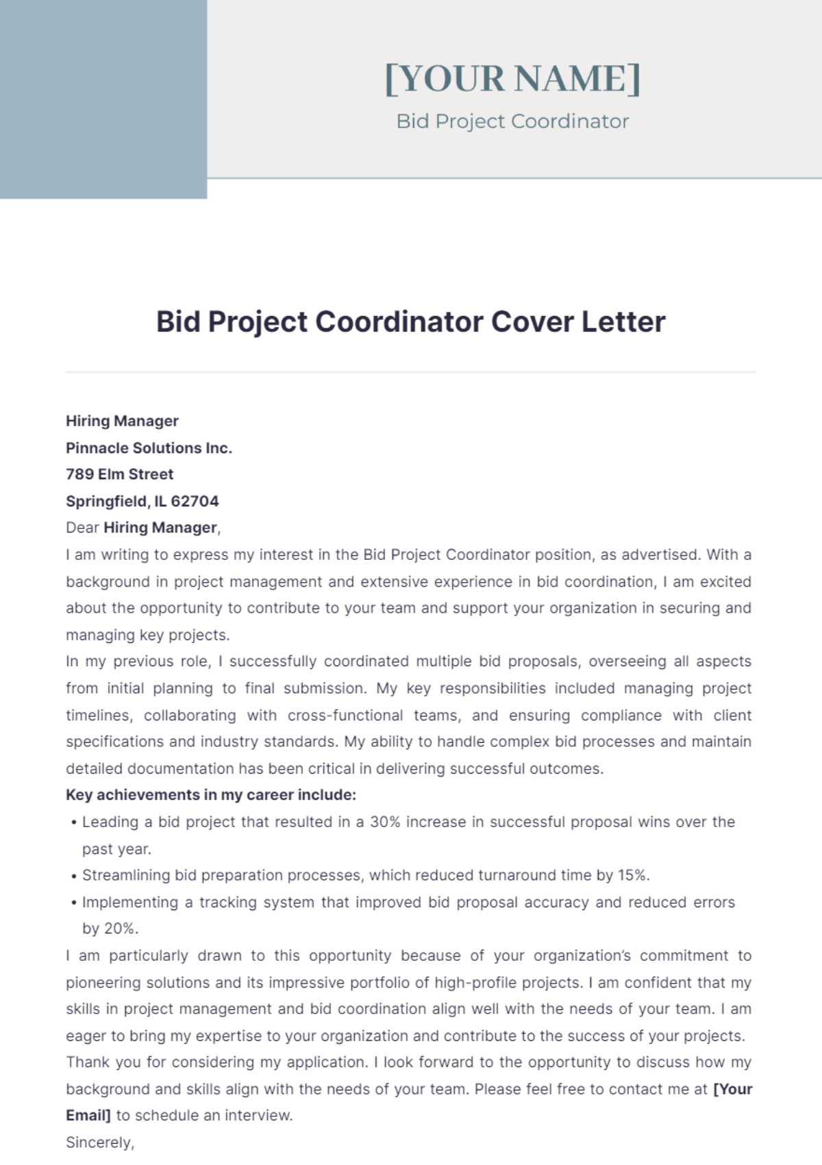 Bid Project Coordinator Cover Letter - Edit Online & Download