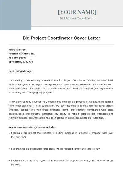 Free Bid Project Coordinator Cover Letter to Edit Online
