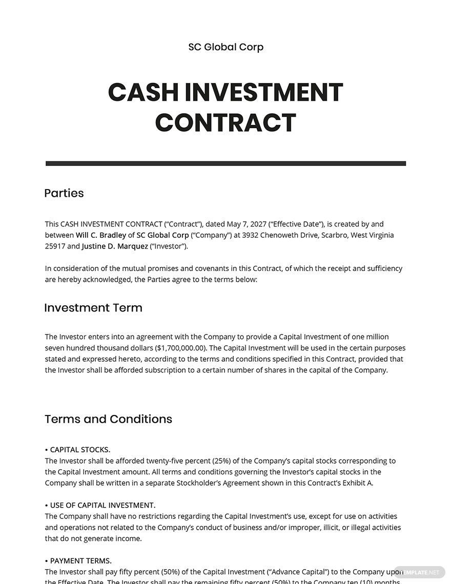 Cash Investment Contract Template