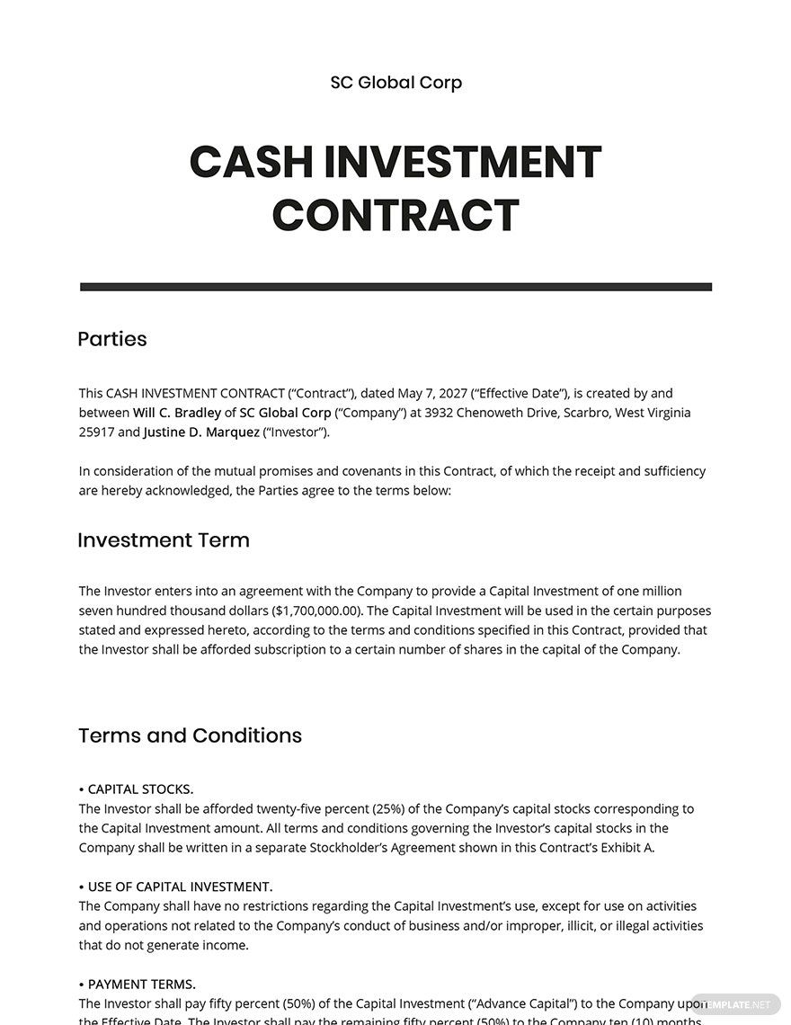 Cash Investment Contract Template Google Docs Word Apple Pages 