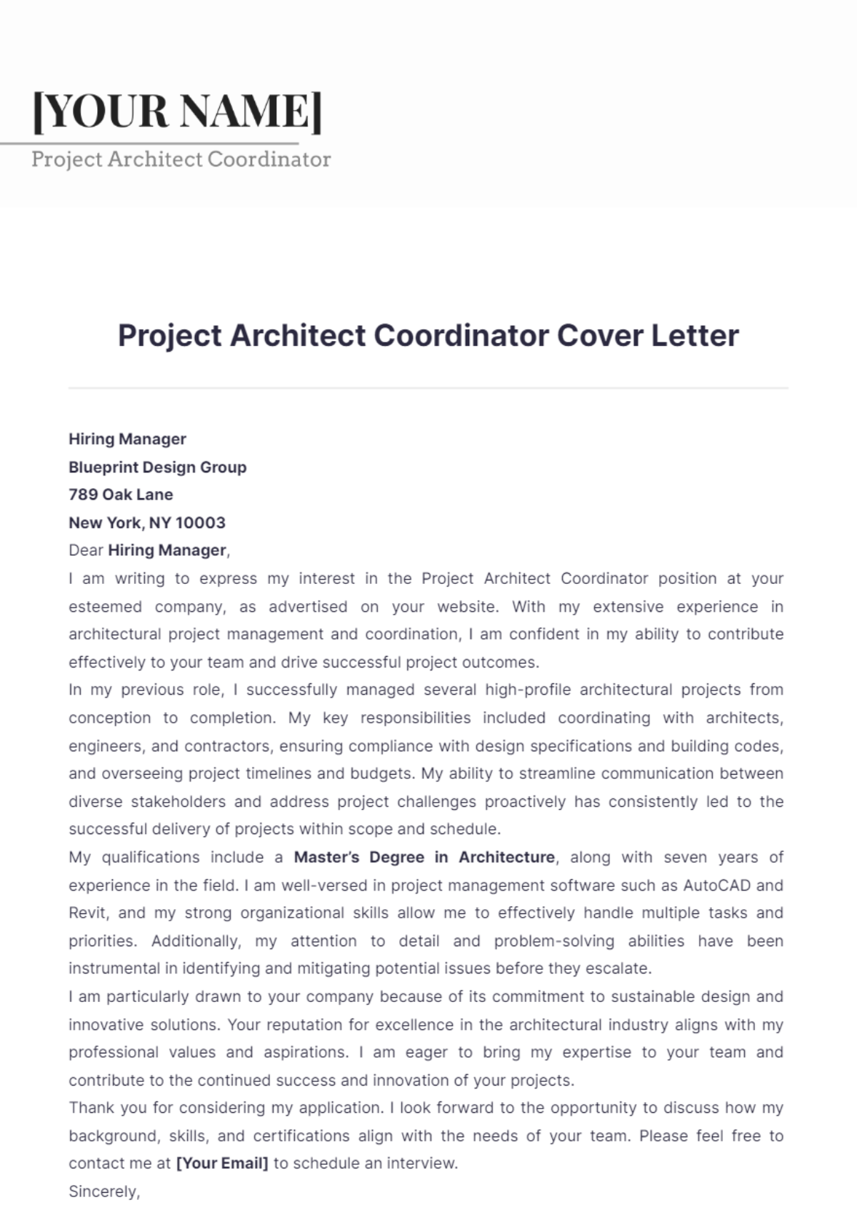 Project Architect Coordinator Cover Letter - Edit Online & Download