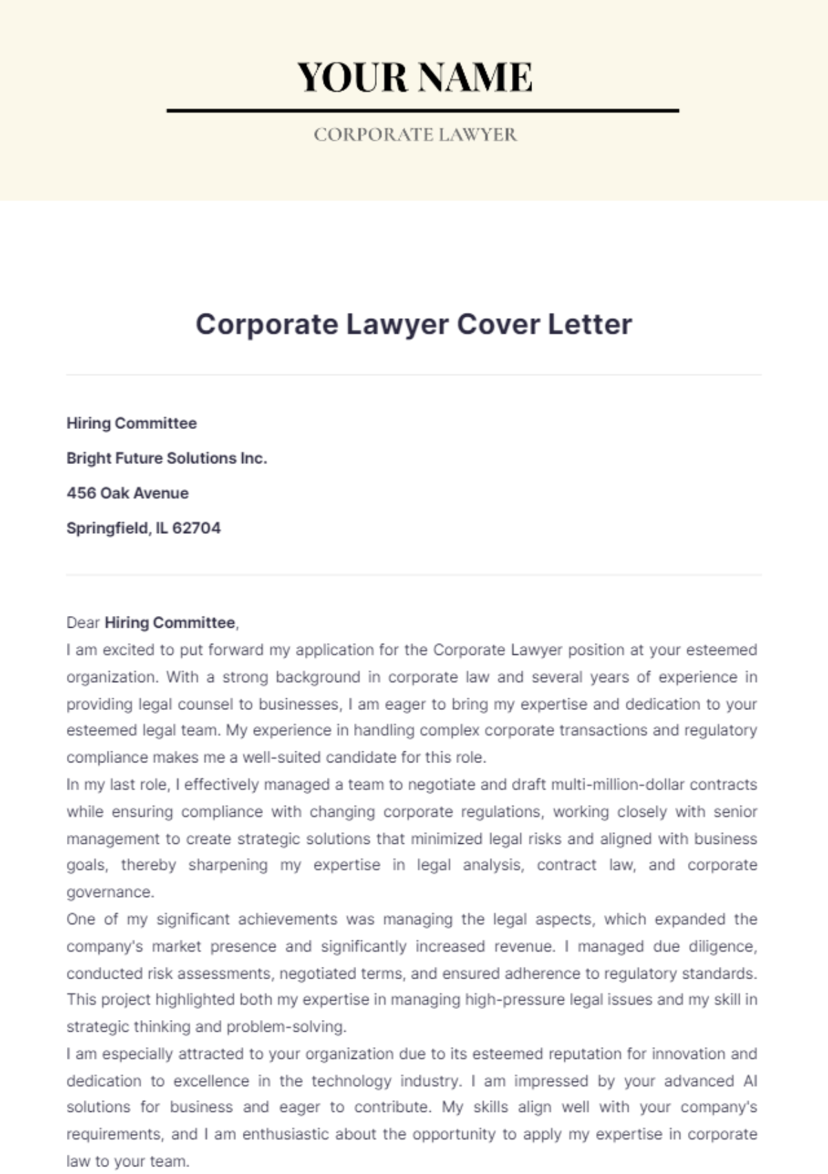 Corporate Lawyer Cover Letter - Edit Online & Download