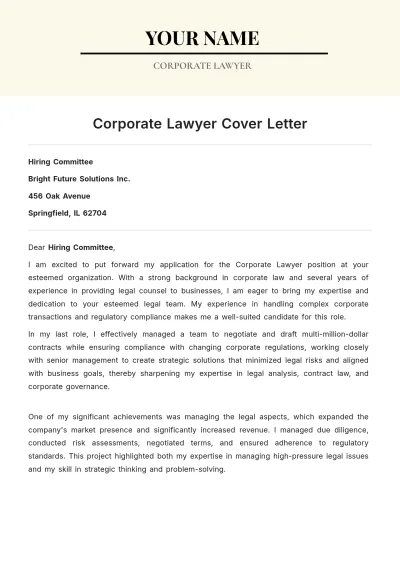 Free Corporate Lawyer Cover Letter to Edit Online