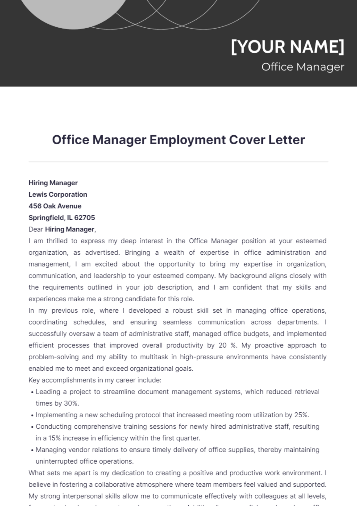 Office Manager Employment Cover Letter - Edit Online & Download