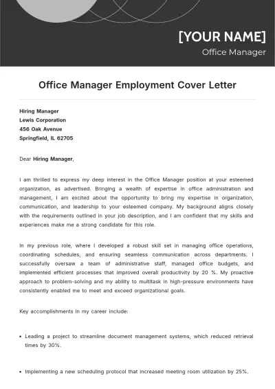 Free Office Manager Employment Cover Letter to Edit Online