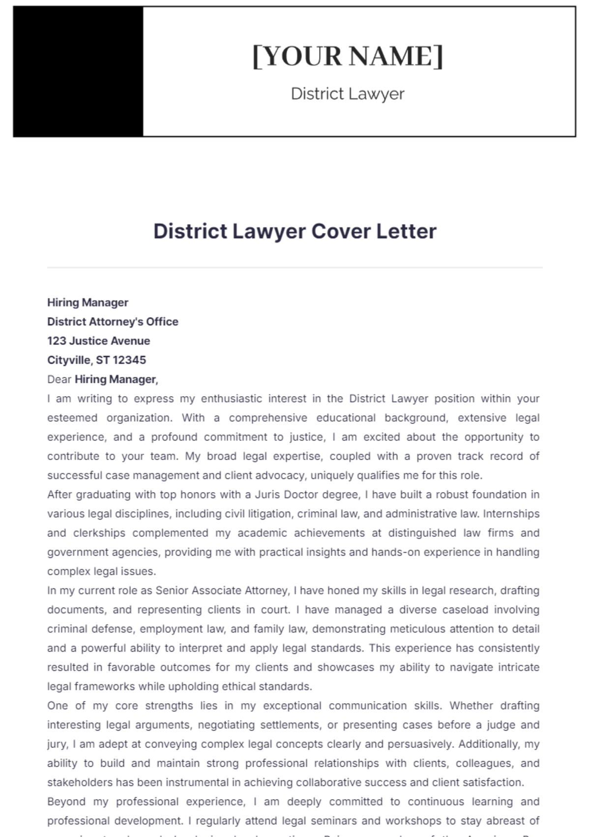 District Lawyer Cover Letter - Edit Online & Download