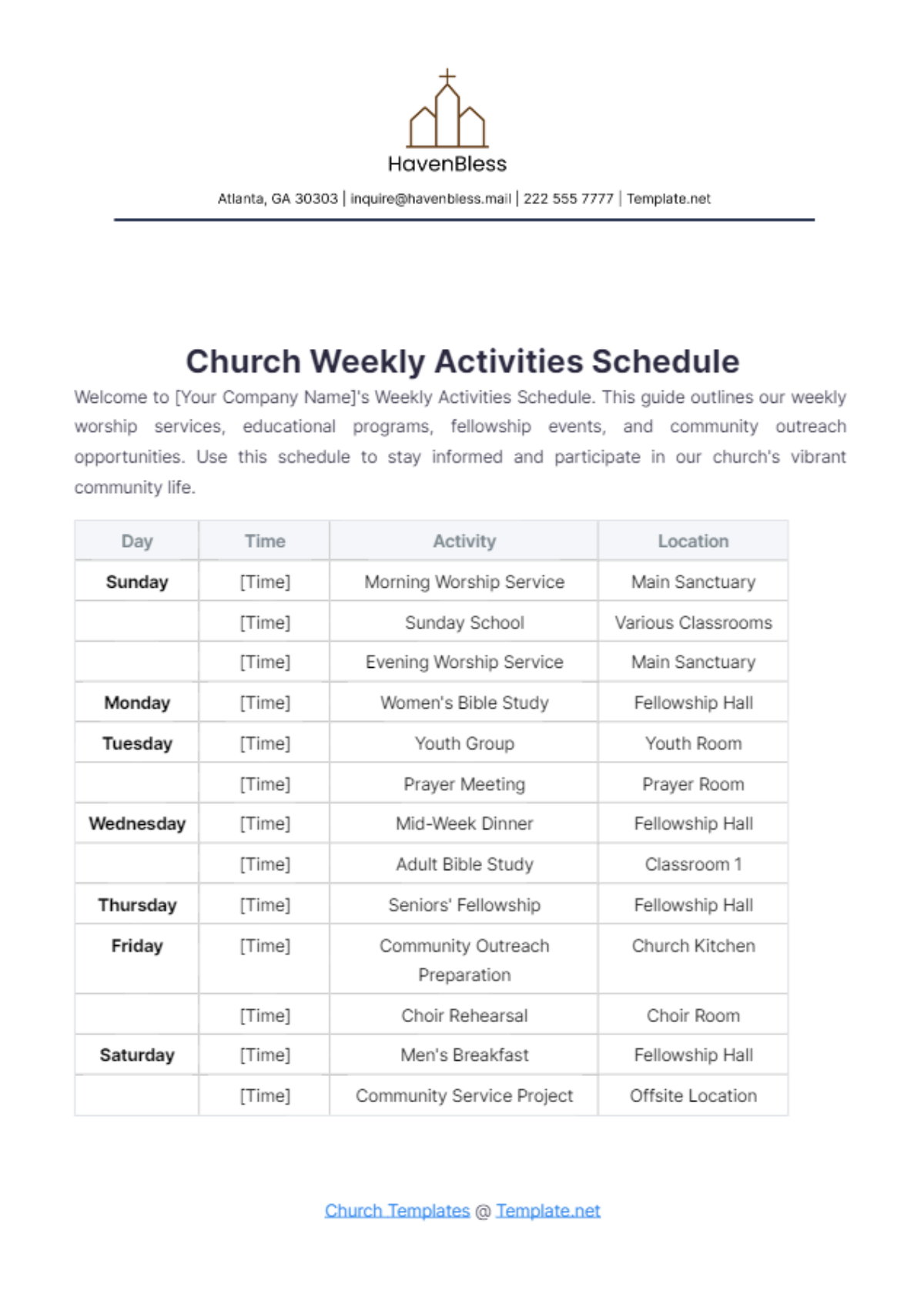 Free Church Weekly Activities Schedule Template to Edit Online