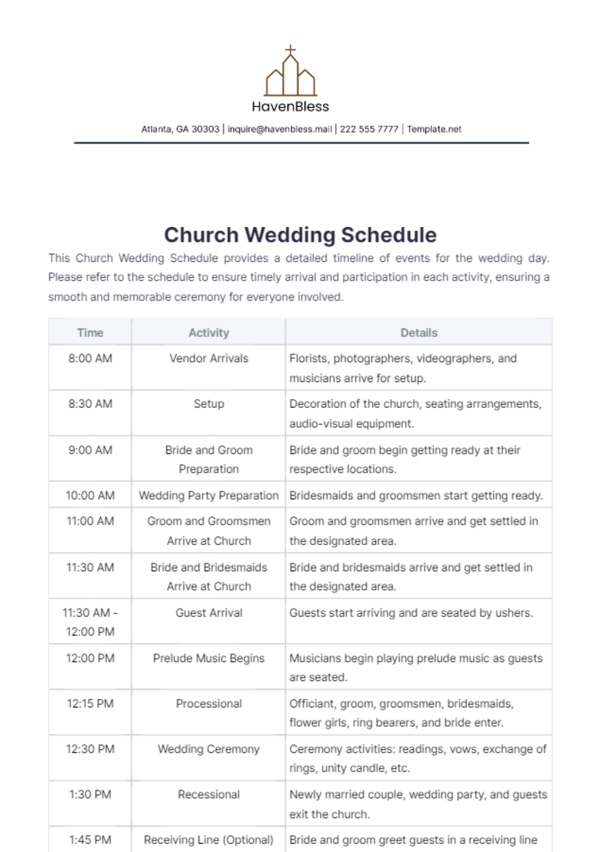 Church Wedding Schedule Template - Edit Online & Download