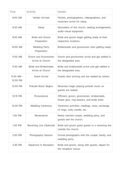Free Church Wedding Schedule Template to Edit Online