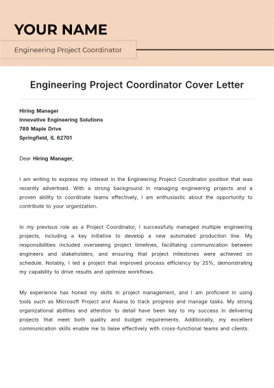 Free Engineering Project Coordinator Cover Letter to Edit Online