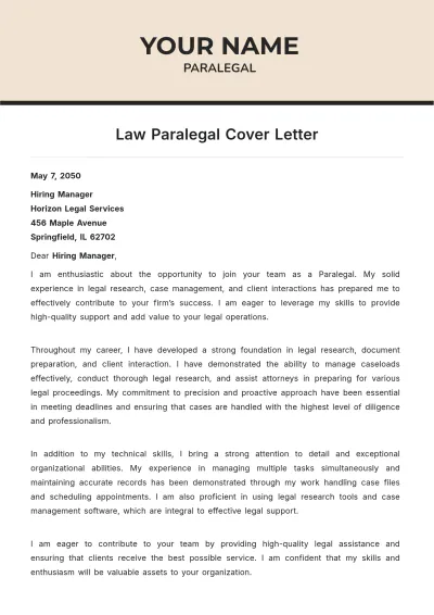 Free Law Paralegal Cover Letter to Edit Online