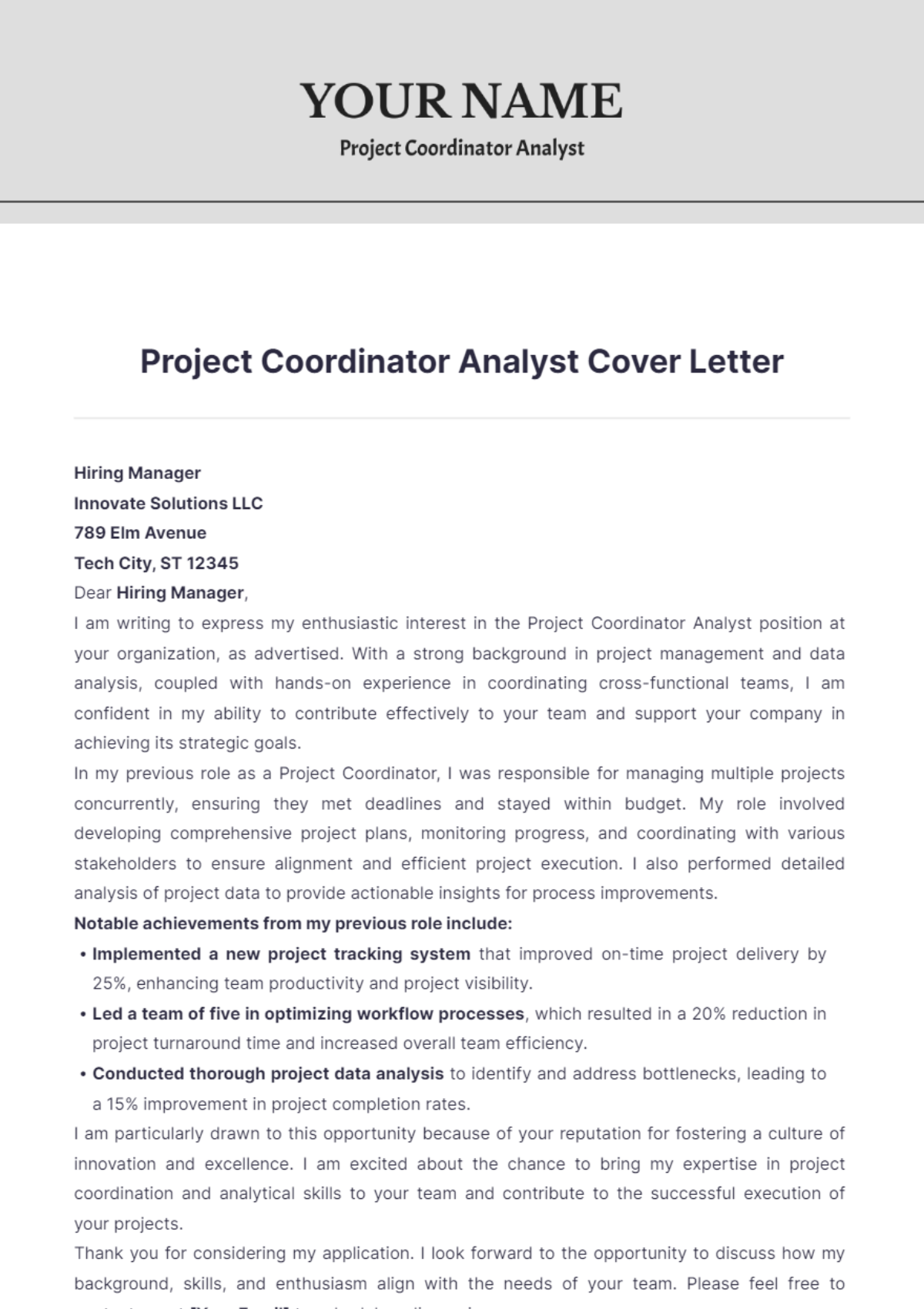 Project Coordinator Analyst Cover Letter - Edit Online & Download