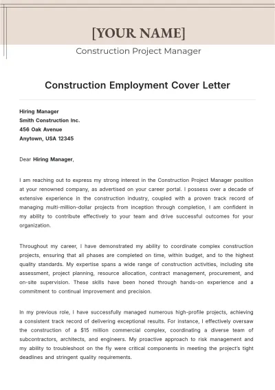 Free Construction Employment Cover Letter to Edit Online