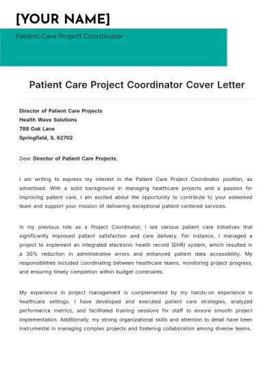 Free Patient Care Project Coordinator Cover Letter to Edit Online