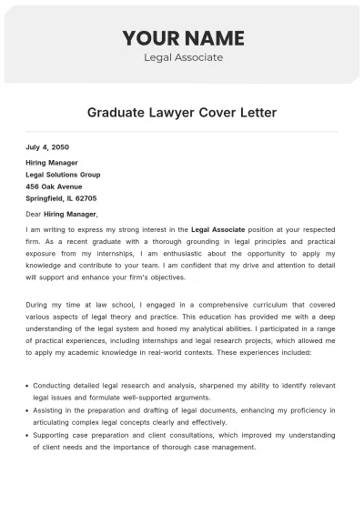 Free Graduate Lawyer Cover Letter to Edit Online