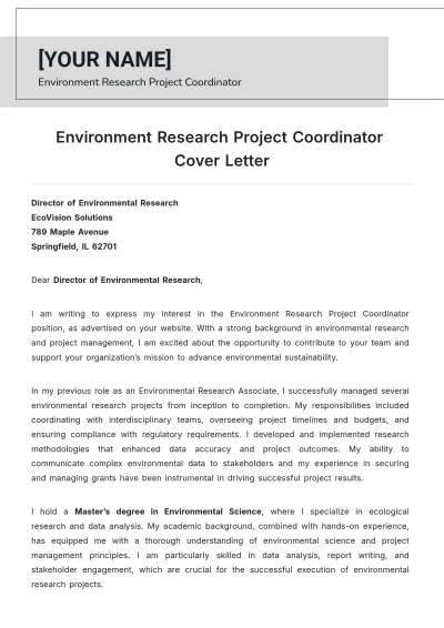 Free Environment Research Project Coordinator Cover Letter to Edit Online