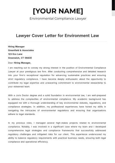 Free Lawyer Cover Letter for Environment Law to Edit Online