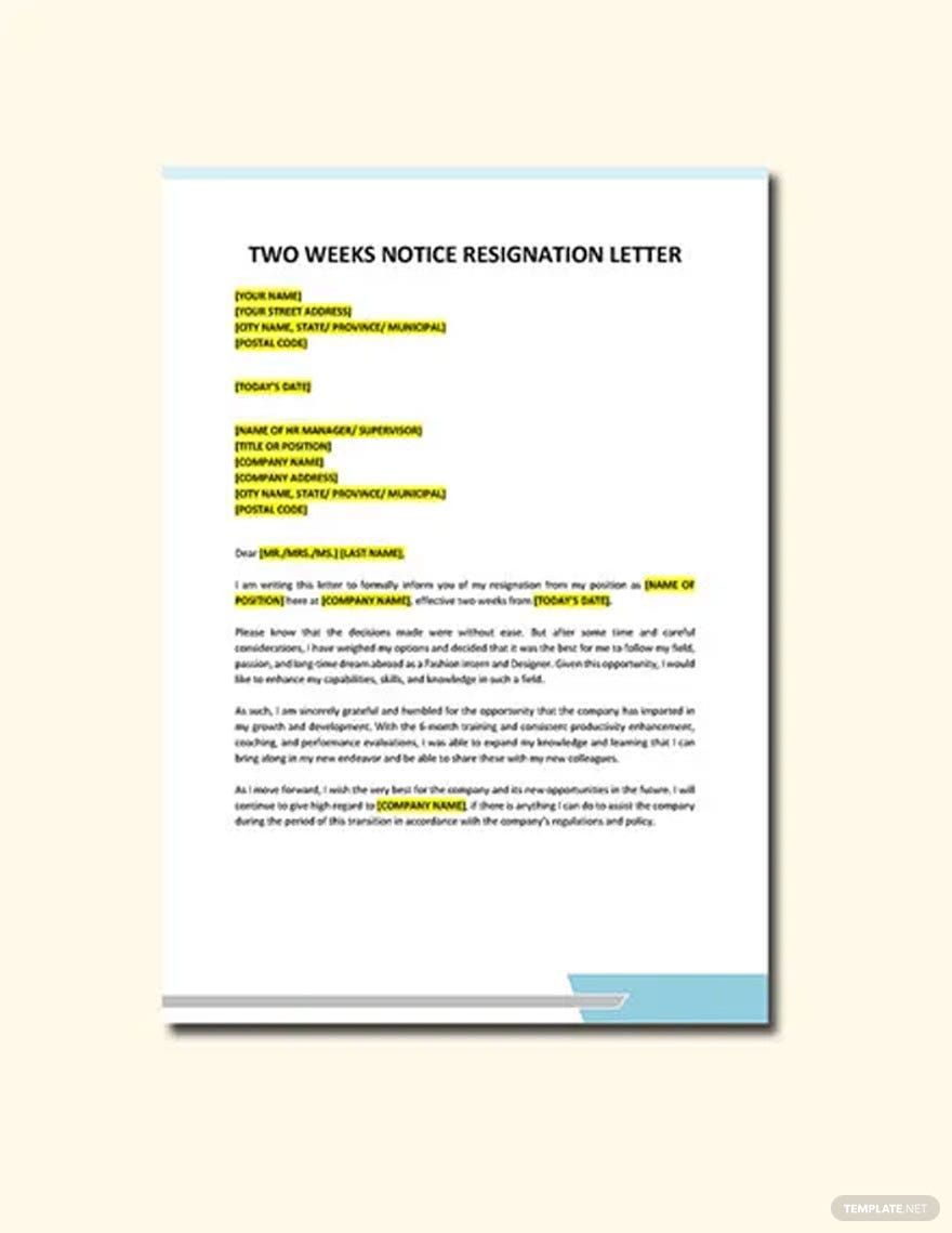 Two Weeks Notice Resignation Letter Template in Word, Google Docs, PDF, Apple Pages