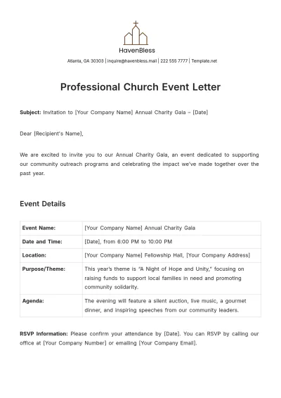 Free Professional Church Event Letter Template to Edit Online