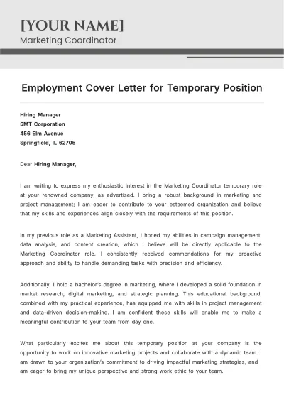 Free Employment Cover Letter for Temporary Position to Edit Online