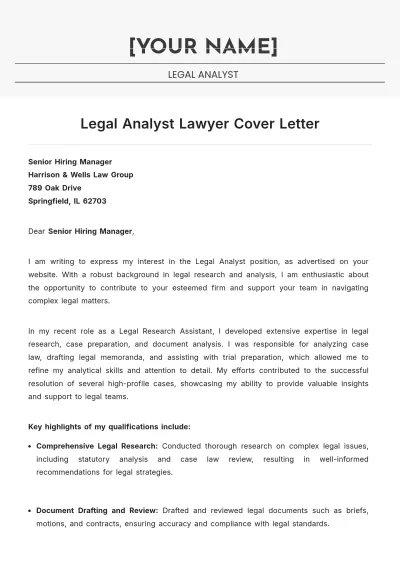 Free Legal Analyst Lawyer Cover Letter to Edit Online