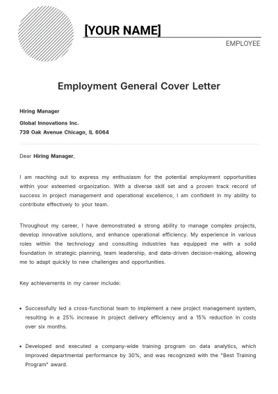 Free Employment General Cover Letter to Edit Online