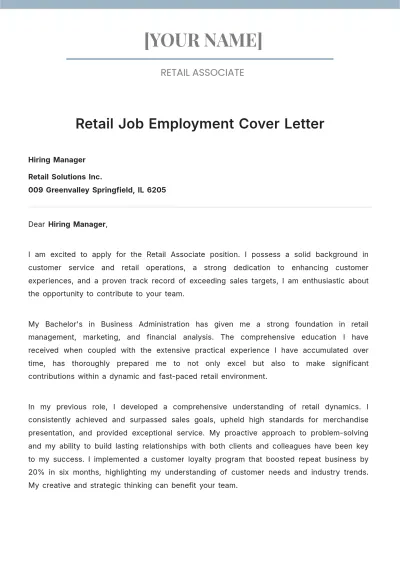 Free Retail Job Employment Cover Letter to Edit Online