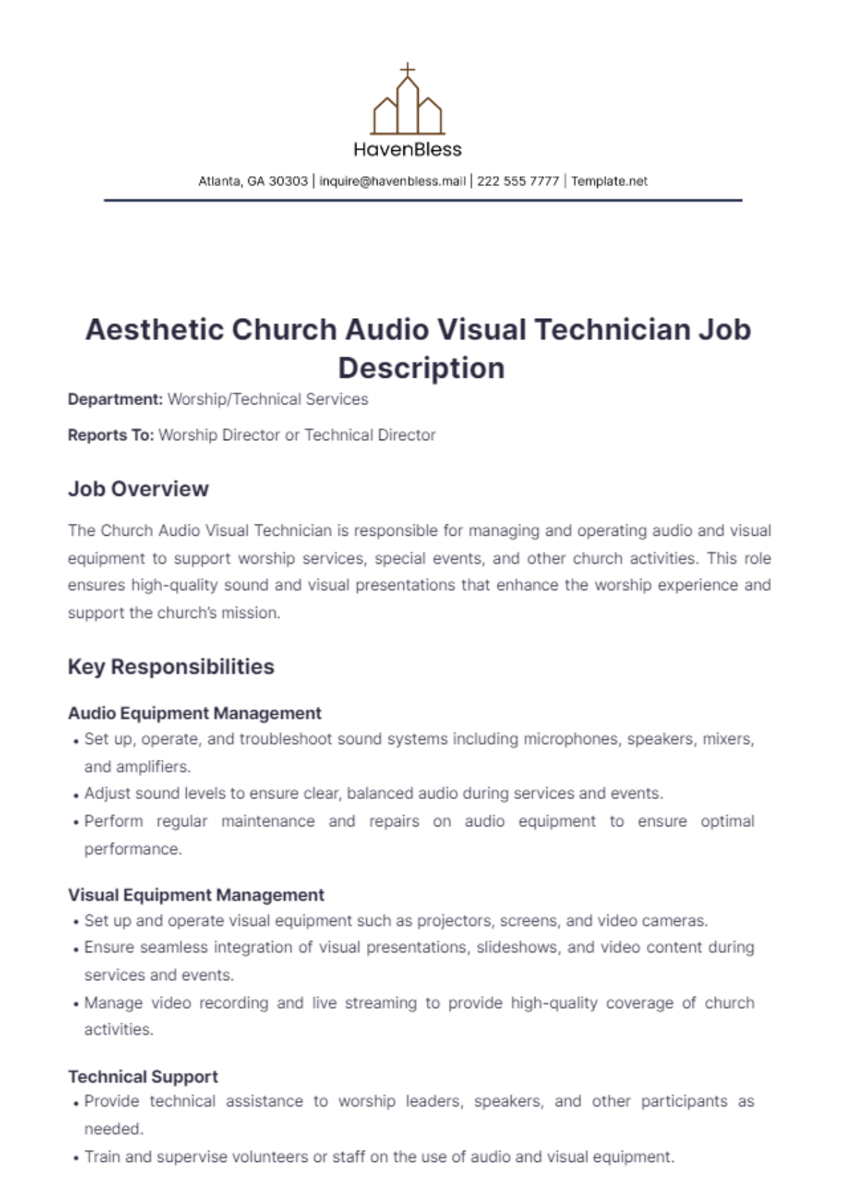 Aesthetic Church Audio Visual Technician Job Description Template - Edit Online & Download